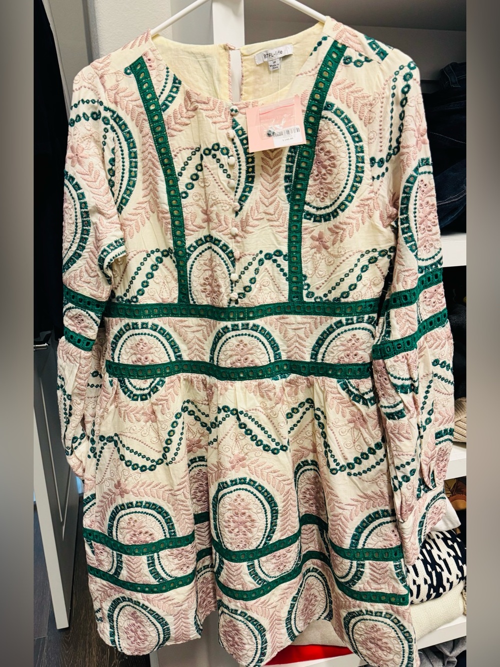 BTFL-Life Pink and Green Eyelet Long Sleeve Dress